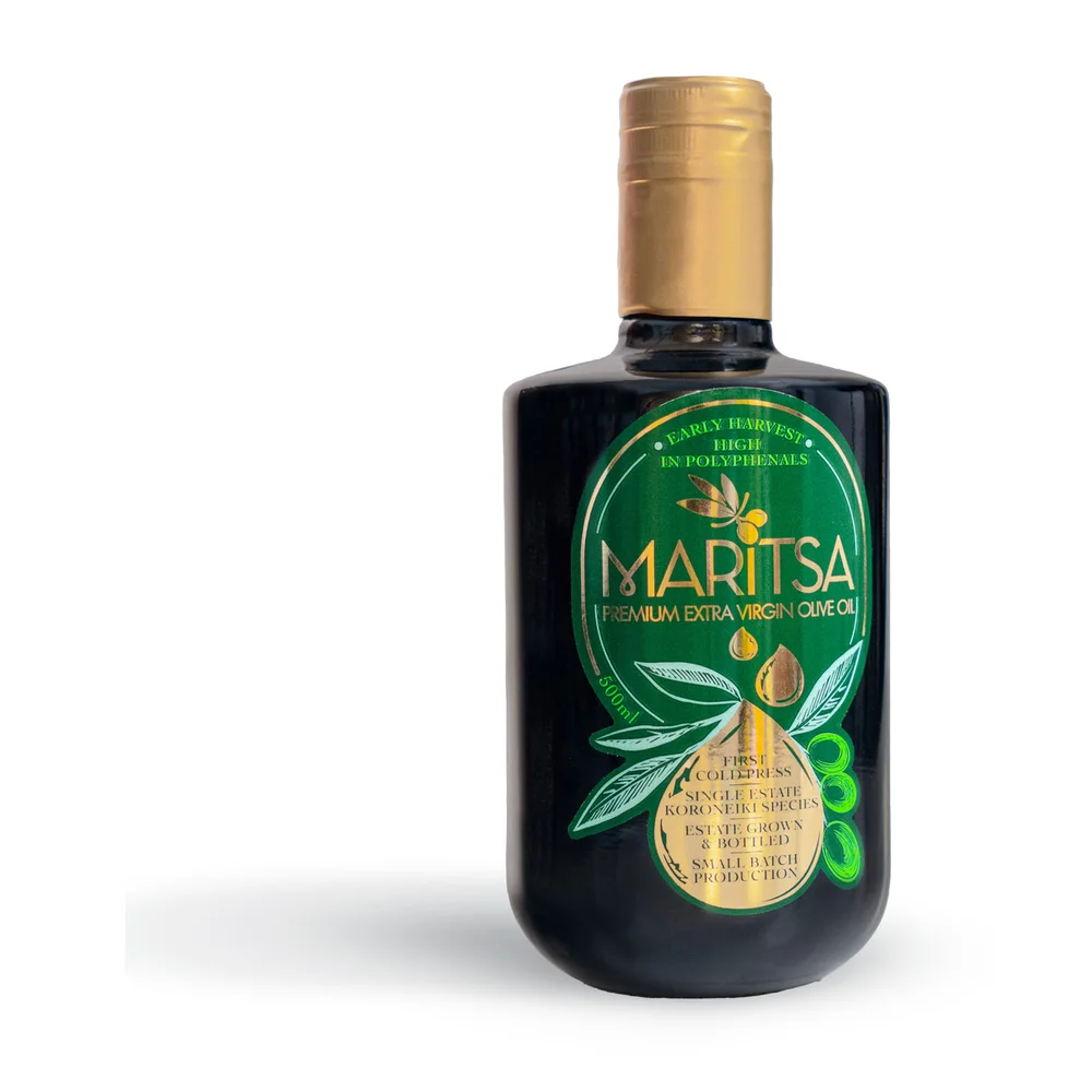 A 500ml dark glass bottle of Maritsa extra virgin olive oil
