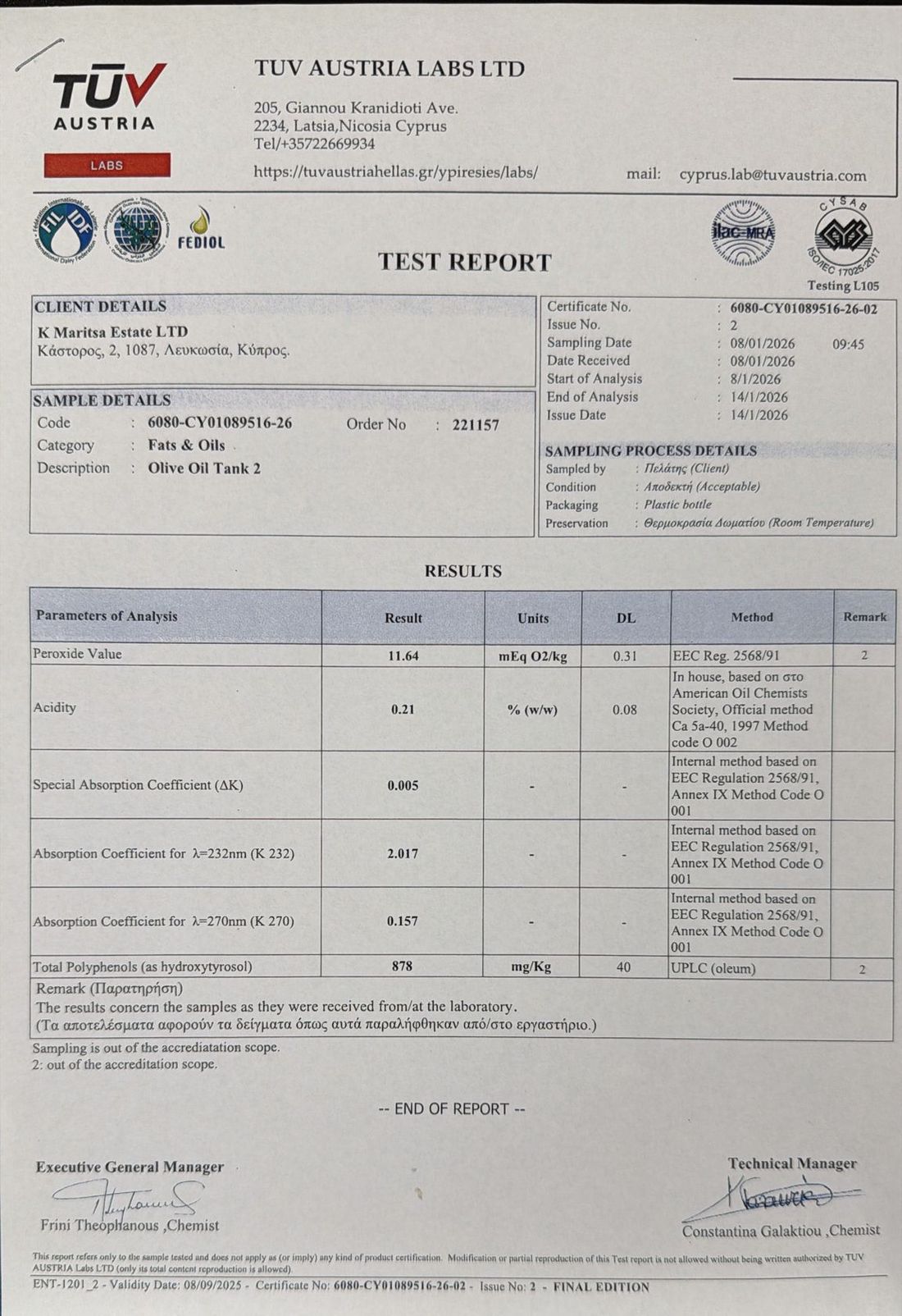 TUV Austria Labs test report for Maritsa olive oil, certificate 6080-CY01089516-26-02, issued 14 January 2026